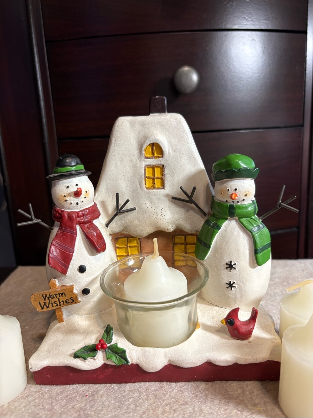 Snowman Candle Holder & 6 Party-Lite votive candles. Chip on nose of 1 snowman